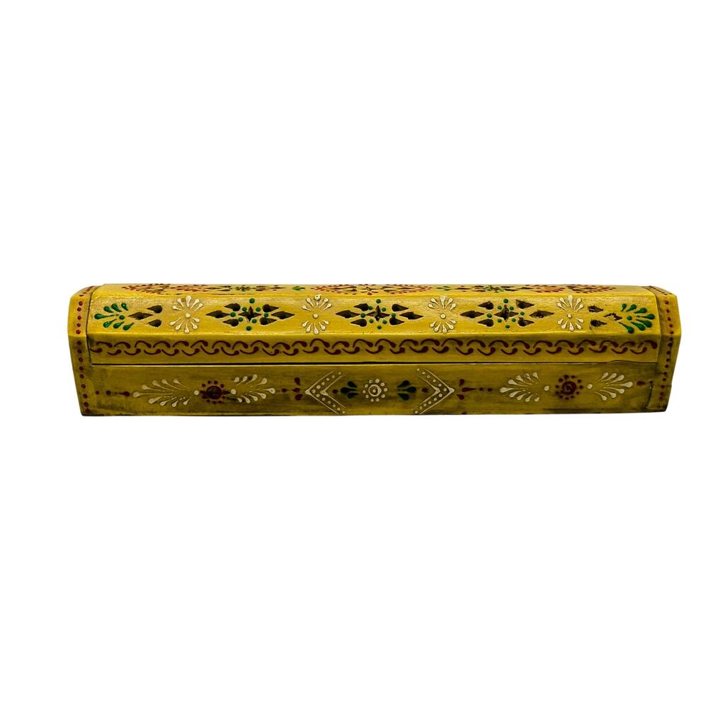 Charming Hand Painted Yellow Wooden Incense Box - 12in Hippy